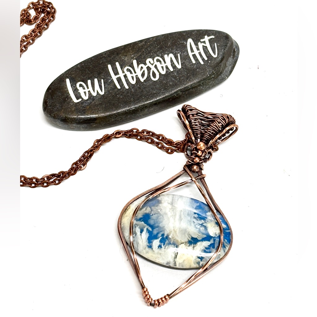 Hand Crafted Plume Agate Doublet Wire Wrapped Copper Pendant Necklace Jewelry